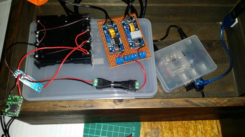 First successful test setup of battery pack showing wiring (the missing wire is to allow the DMM to bridge the gap)